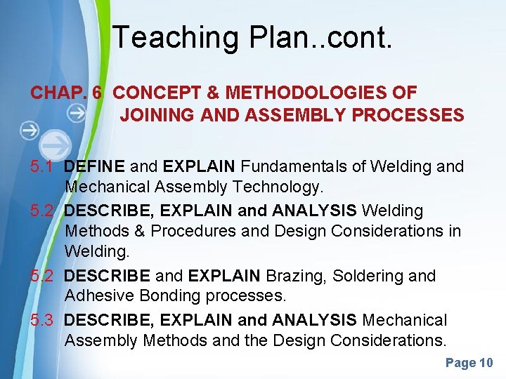 Teaching Plan. . cont. CHAP. 6 CONCEPT & METHODOLOGIES OF JOINING AND ASSEMBLY PROCESSES