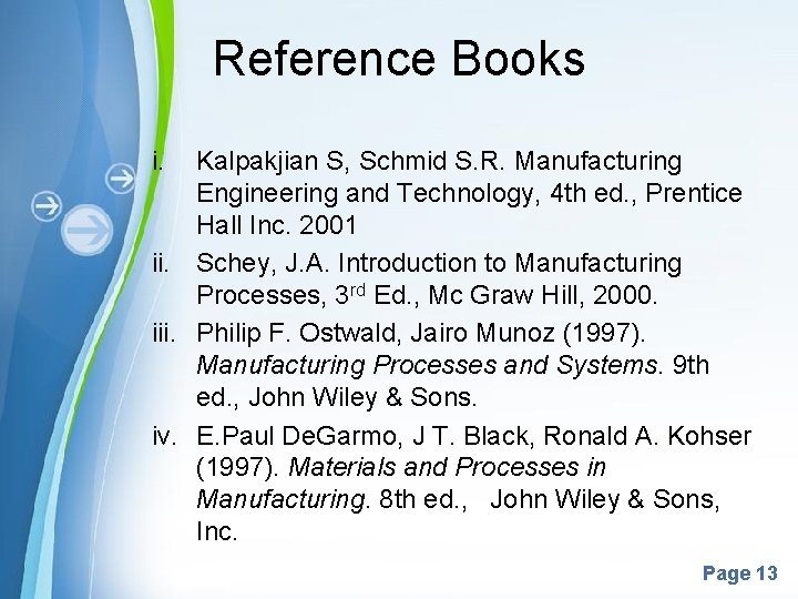 Reference Books i. Kalpakjian S, Schmid S. R. Manufacturing Engineering and Technology, 4 th