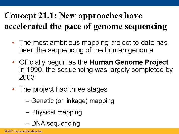 Concept 21. 1: New approaches have accelerated the pace of genome sequencing • The