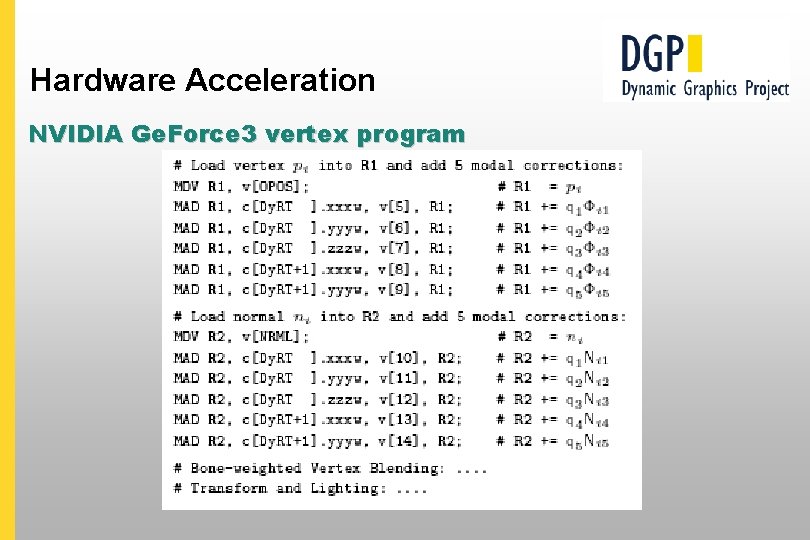 Hardware Acceleration NVIDIA Ge. Force 3 vertex program 