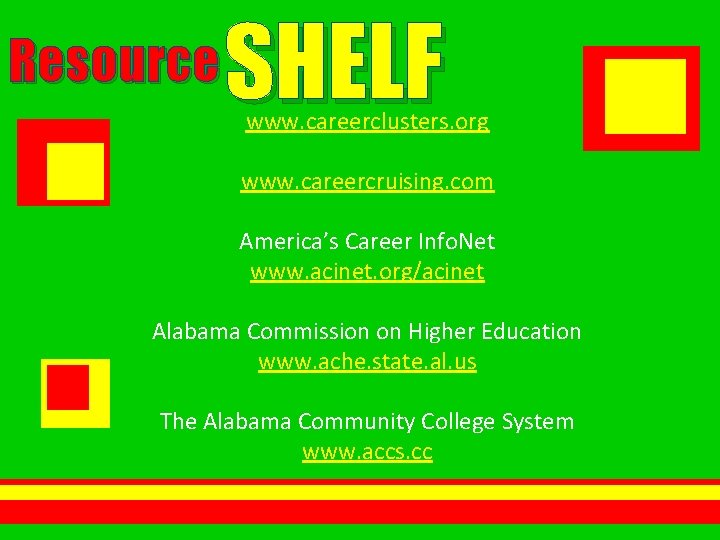Resource SHELF www. careerclusters. org www. careercruising. com America’s Career Info. Net www. acinet.