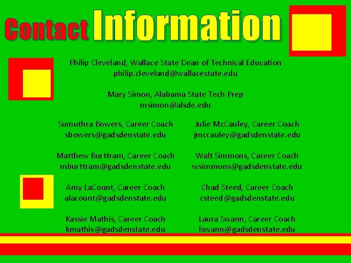 Contact Information Philip Cleveland, Wallace State Dean of Technical Education philip. cleveland@wallacestate. edu Mary