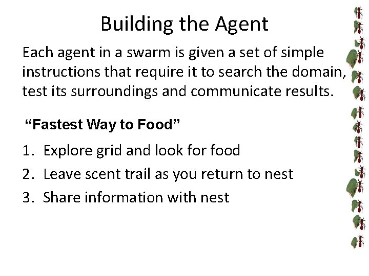 Building the Agent Each agent in a swarm is given a set of simple