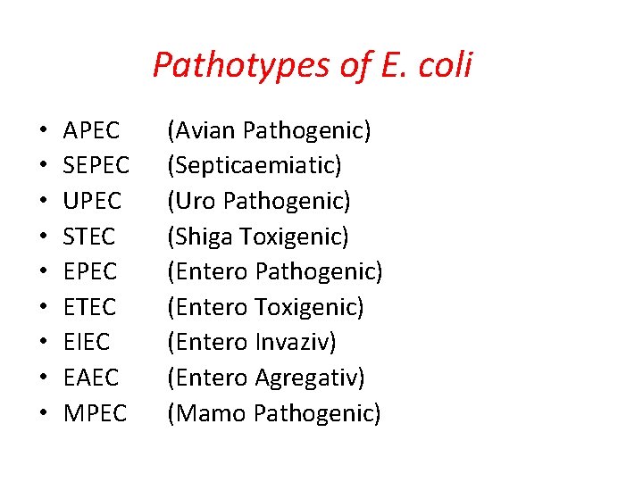 Pathotypes of E. coli • • • APEC SEPEC UPEC STEC EPEC ETEC EIEC