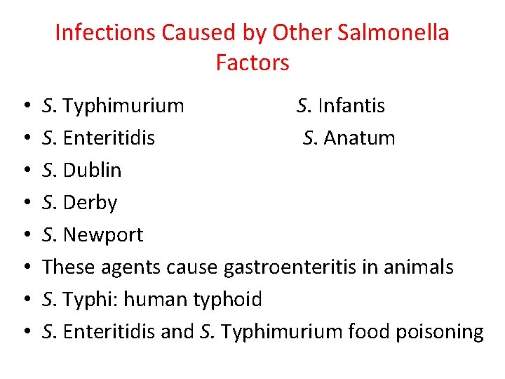 Infections Caused by Other Salmonella Factors • • S. Typhimurium S. Infantis S. Enteritidis