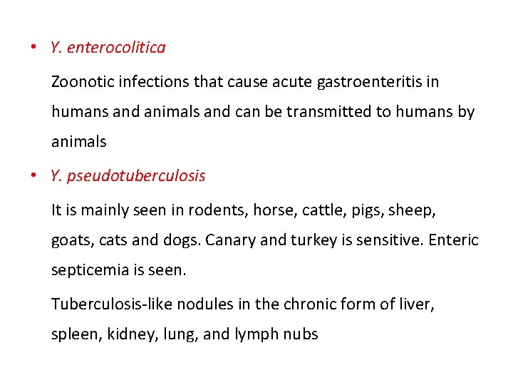  • Y. enterocolitica Zoonotic infections that cause acute gastroenteritis in humans and animals