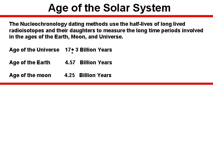 Age of the Solar System The Nucleochronology dating methods use the half-lives of long