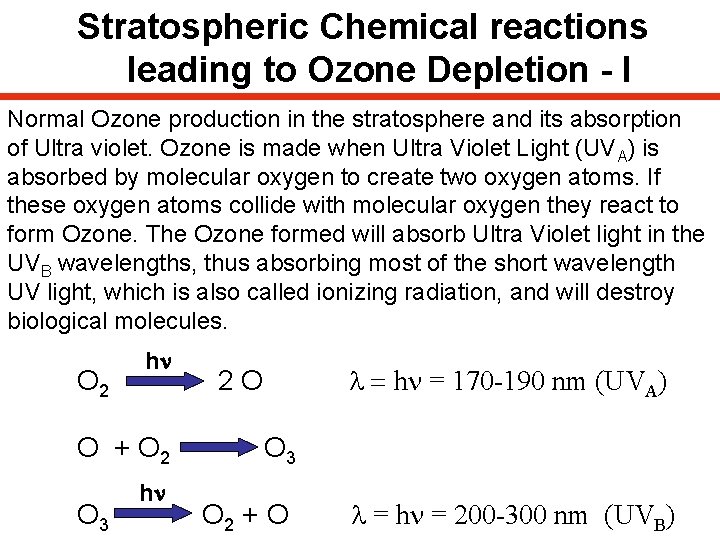 Stratospheric Chemical reactions leading to Ozone Depletion - I Normal Ozone production in the