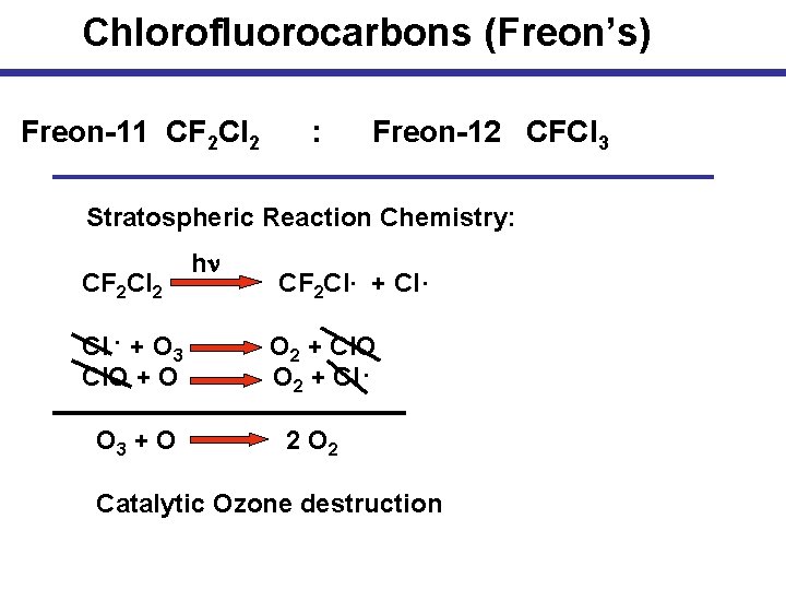 Chlorofluorocarbons (Freon’s) Freon-11 CF 2 Cl 2 : Freon-12 CFCl 3 Stratospheric Reaction Chemistry: