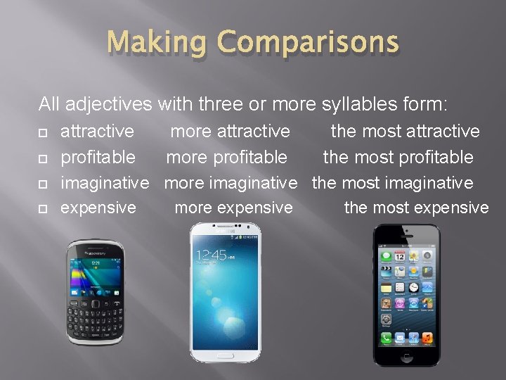 Making Comparisons All adjectives with three or more syllables form: attractive more attractive the