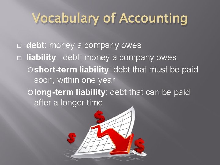Vocabulary of Accounting debt: money a company owes liability: debt; money a company owes
