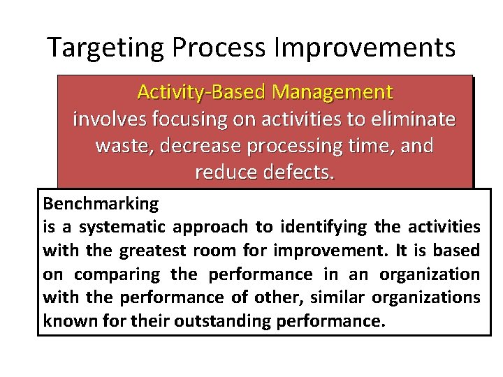 Targeting Process Improvements Activity-Based Management involves focusing on activities to eliminate waste, decrease processing