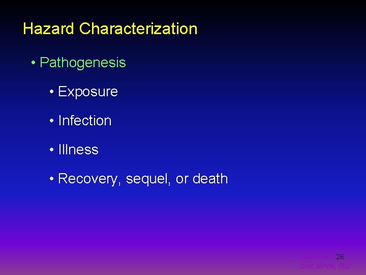 Hazard Characterization • Pathogenesis • Exposure • Infection • Illness • Recovery, sequel, or