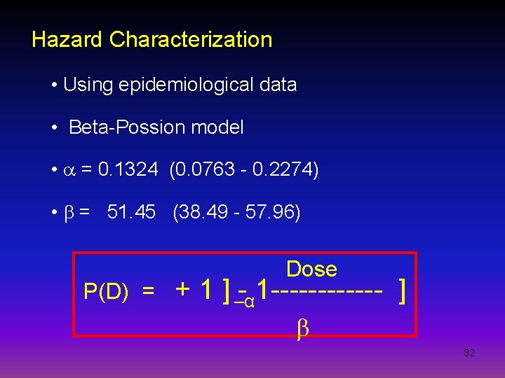 Hazard Characterization • Using epidemiological data • Beta-Possion model • = 0. 1324 (0.