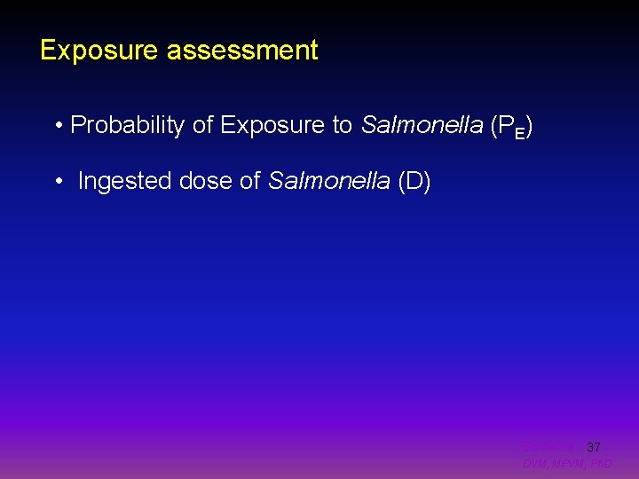 Exposure assessment • Probability of Exposure to Salmonella (PE) • Ingested dose of Salmonella