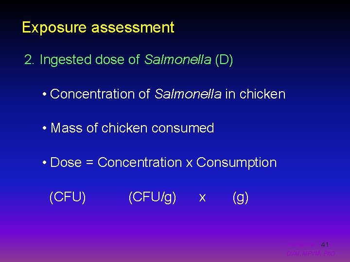 Exposure assessment 2. Ingested dose of Salmonella (D) • Concentration of Salmonella in chicken