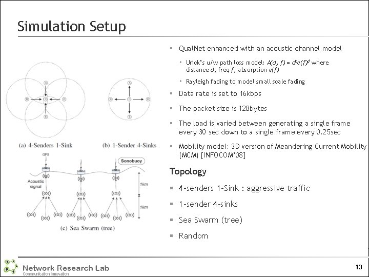 Simulation Setup § Qual. Net enhanced with an acoustic channel model Urick’s u/w path