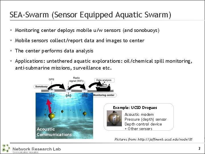 SEA-Swarm (Sensor Equipped Aquatic Swarm) § Monitoring center deploys mobile u/w sensors (and sonobuoys)