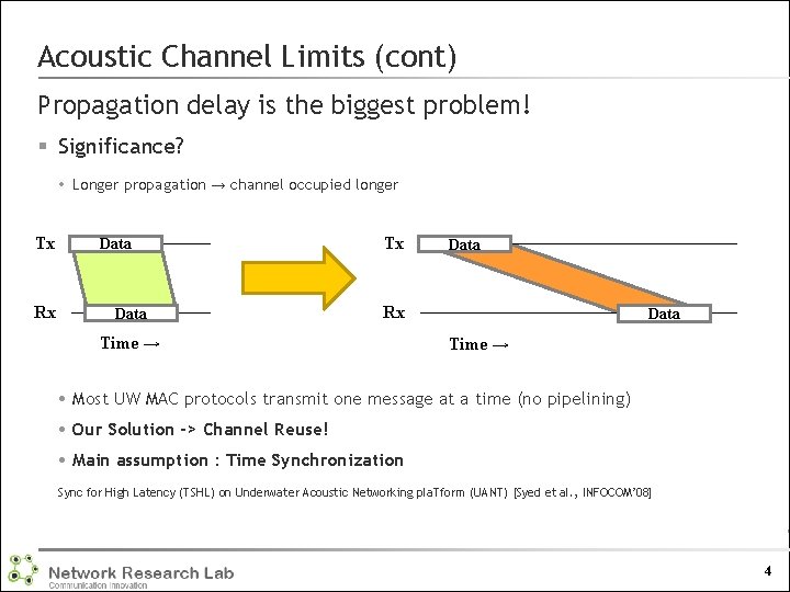 Acoustic Channel Limits (cont) Propagation delay is the biggest problem! § Significance? Longer propagation