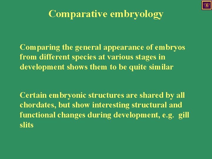 Comparative embryology Comparing the general appearance of embryos from different species at various stages