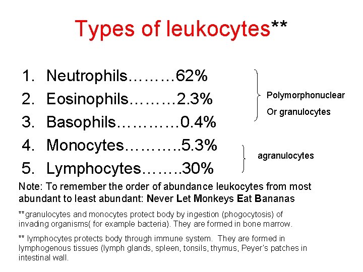 Types of leukocytes** 1. 2. 3. 4. 5. Neutrophils……… 62% Eosinophils……… 2. 3% Basophils…………