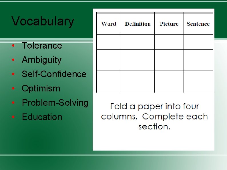 Vocabulary • Tolerance • Ambiguity • Self-Confidence • Optimism • Problem-Solving • Education 