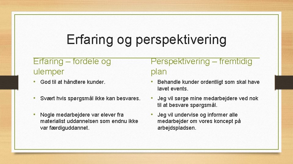 Erfaring og perspektivering Erfaring – fordele og ulemper Perspektivering – fremtidig plan • God