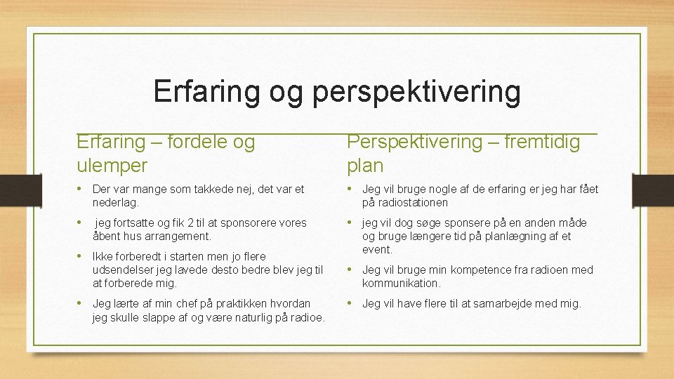 Erfaring og perspektivering Erfaring – fordele og ulemper Perspektivering – fremtidig plan • Der