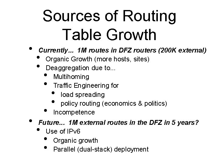 • • Sources of Routing Table Growth Currently. . . 1 M routes