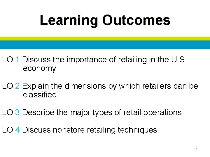 Learning Outcomes LO 1 Discuss the importance of retailing in the U. S. economy