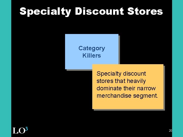 Specialty Discount Stores Category Killers Specialty discount stores that heavily dominate their narrow merchandise