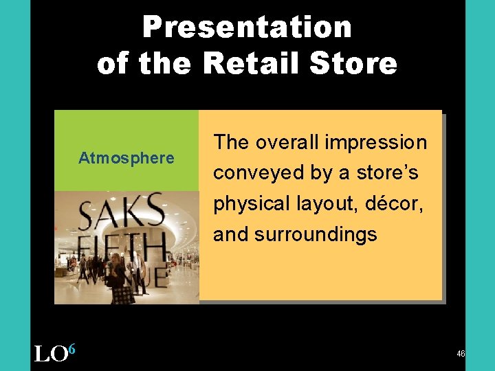 Presentation of the Retail Store Atmosphere LO 6 The overall impression conveyed by a