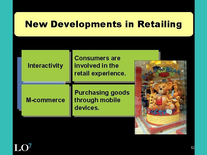 New Developments in Retailing Interactivity Consumers are involved in the retail experience. M-commerce Purchasing