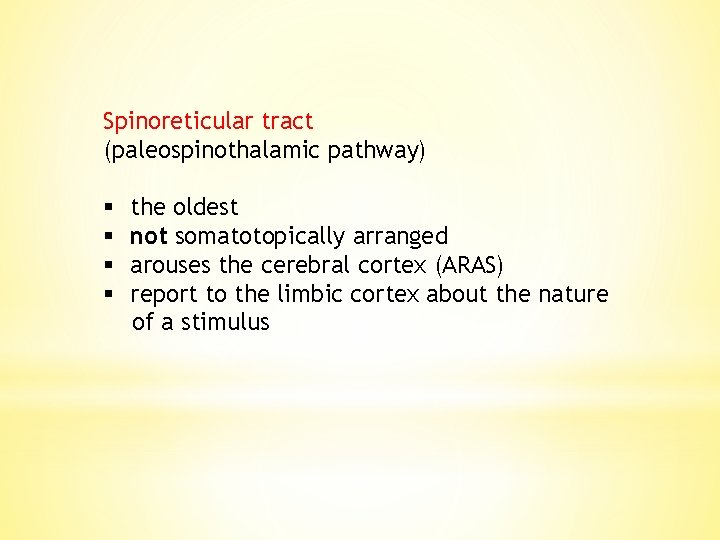 Spinoreticular tract (paleospinothalamic pathway) § § the oldest not somatotopically arranged arouses the cerebral