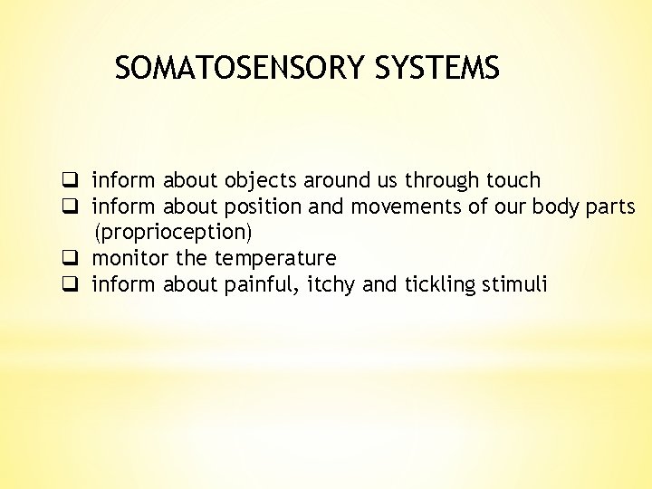 SOMATOSENSORY SYSTEMS q inform about objects around us through touch q inform about position