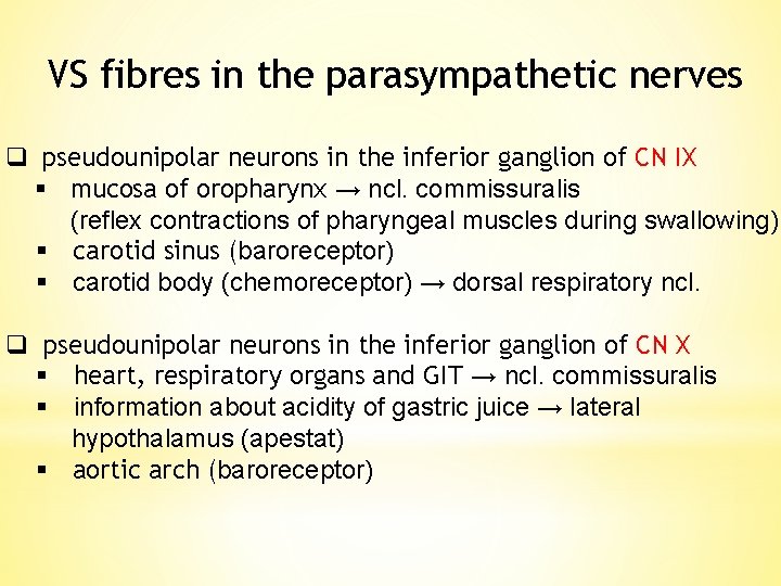 VS fibres in the parasympathetic nerves q pseudounipolar neurons in the inferior ganglion of