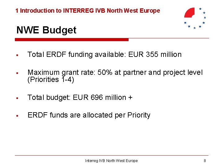 1 Introduction to INTERREG IVB North West Europe NWE Budget § Total ERDF funding