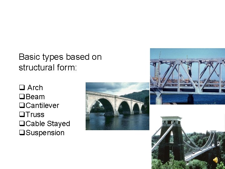 Basic types based on structural form: Arch Beam Cantilever Truss Cable Stayed Suspension 