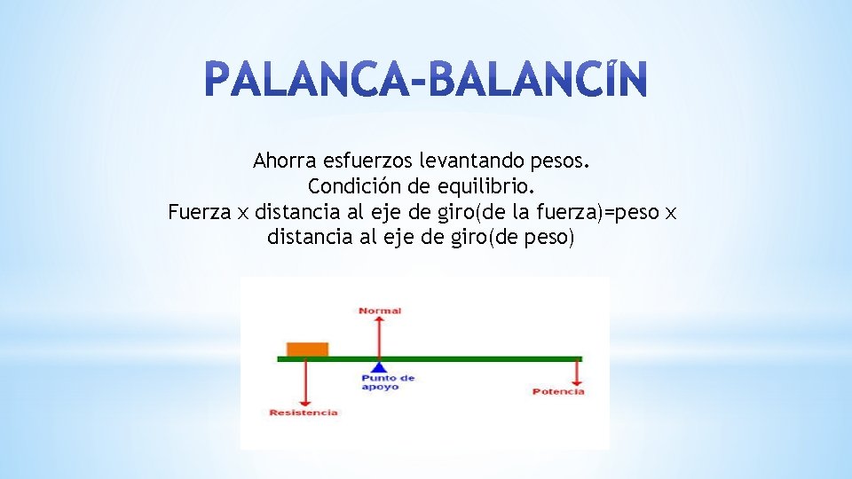 Ahorra esfuerzos levantando pesos. Condición de equilibrio. Fuerza x distancia al eje de giro(de