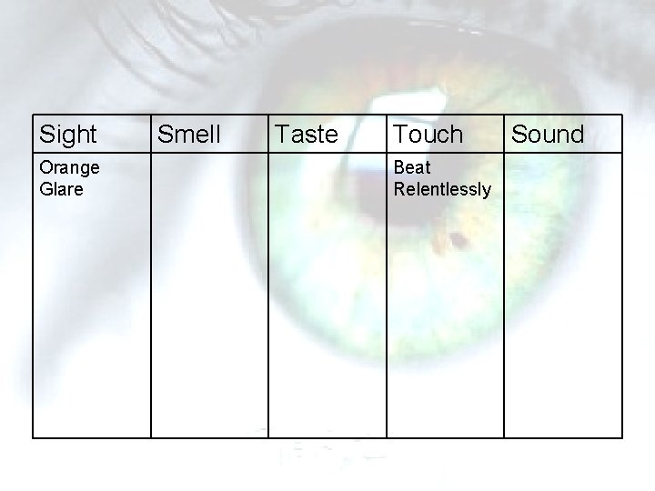 Sight Orange Glare Smell Taste Touch Beat Relentlessly Sound Sight Orange Glare Smell Taste Touch Beat Relentlessly Sound