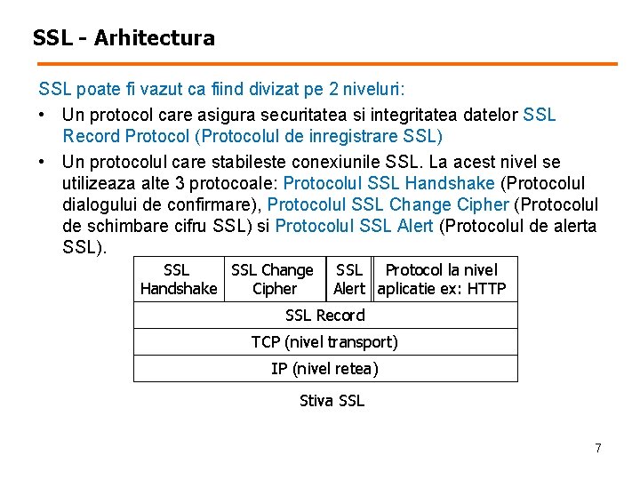 SSL - Arhitectura SSL poate fi vazut ca fiind divizat pe 2 niveluri: •
