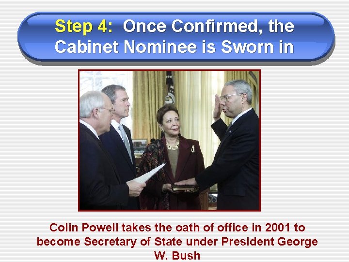 Step 4: Once Confirmed, the Cabinet Nominee is Sworn in Colin Powell takes the