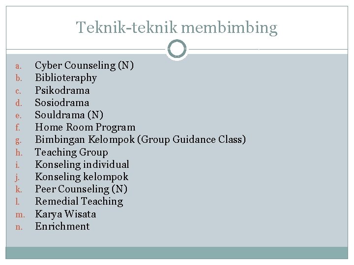 Teknik-teknik membimbing a. b. c. d. e. f. g. h. i. j. k. l.