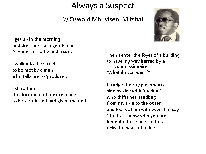 Always a Suspect By Oswald Mbuyiseni Mitshali I get up in the morning and