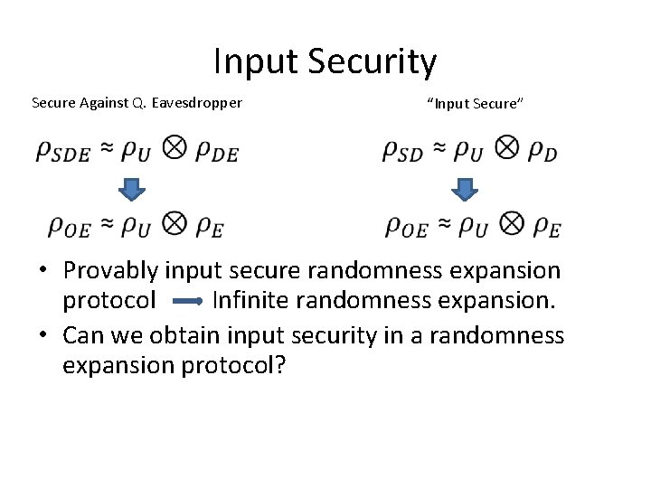 Input Security Secure Against Q. Eavesdropper “Input Secure” • Provably input secure randomness expansion