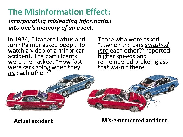 The Misinformation Effect: Incorporating misleading information into one’s memory of an event. In 1974,