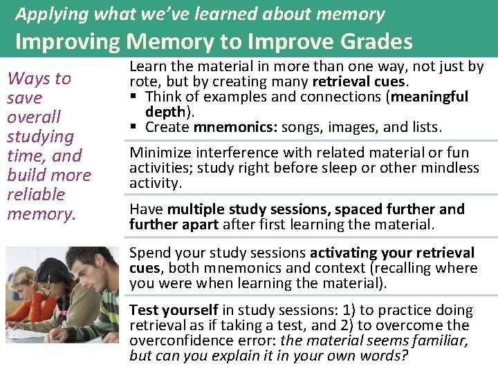 Applying what we’ve learned about memory Improving Memory to Improve Grades Ways to save