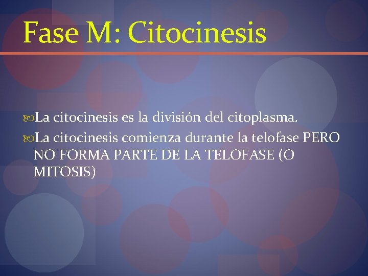 Fase M: Citocinesis La citocinesis es la división del citoplasma. La citocinesis comienza durante
