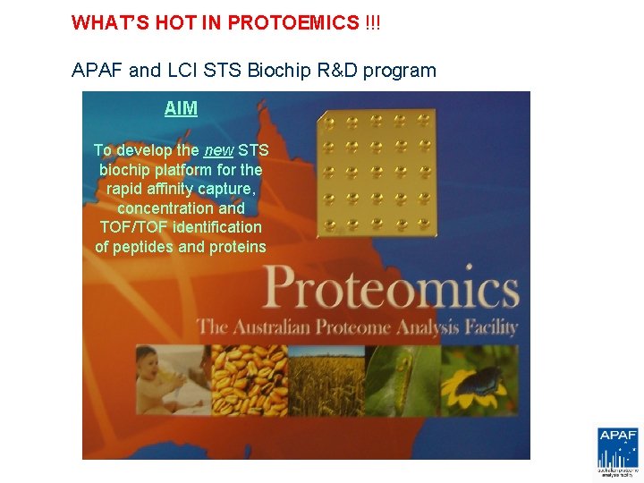WHAT’S HOT IN PROTOEMICS !!! APAF and LCI STS Biochip R&D program AIM To