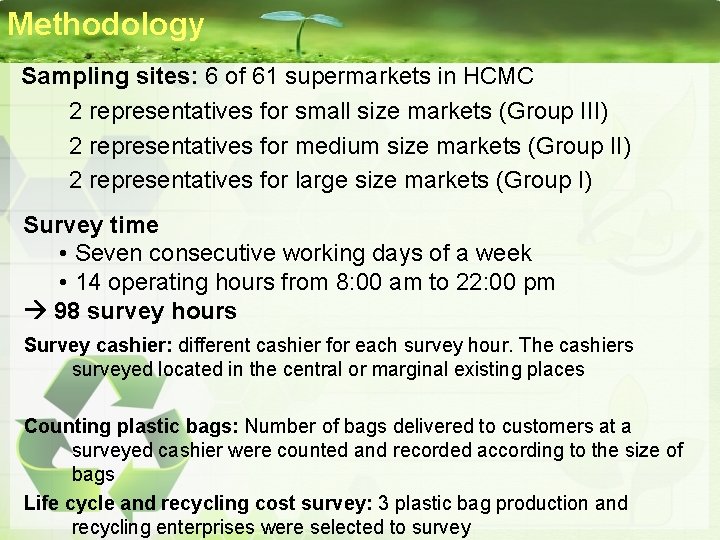 Methodology Sampling sites: 6 of 61 supermarkets in HCMC 2 representatives for small size